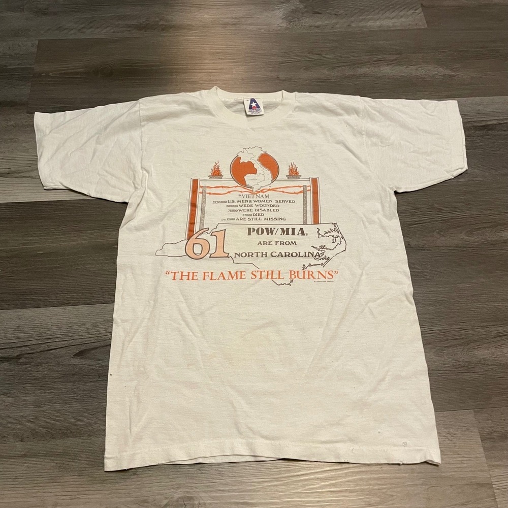 Vintage 1987 North Carolina POW MIA Vietnam T-Shirt Mens Medium White 50/50 USA